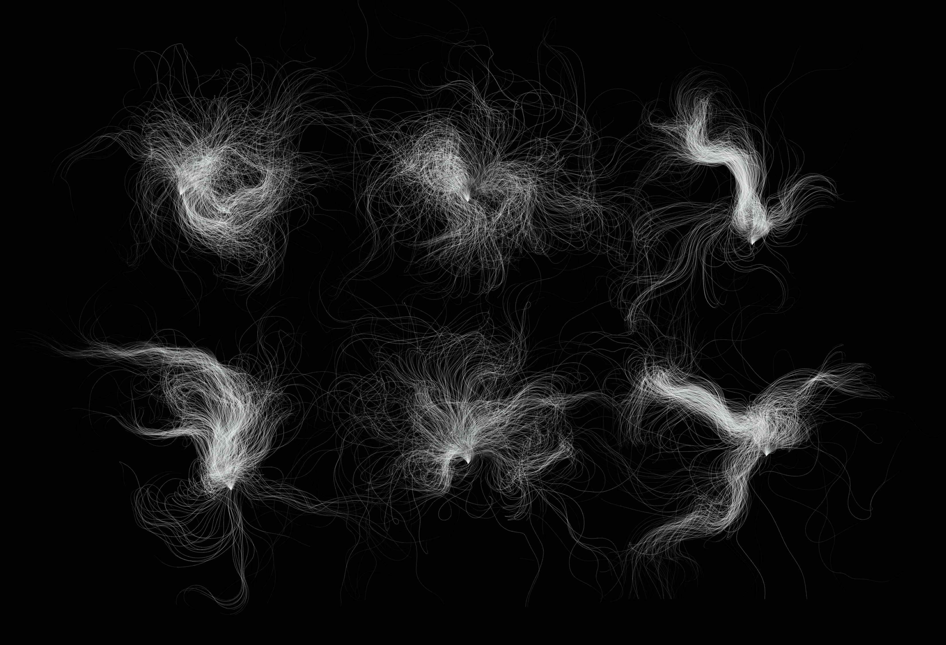 Six stills of fine lines growing and overlapping
